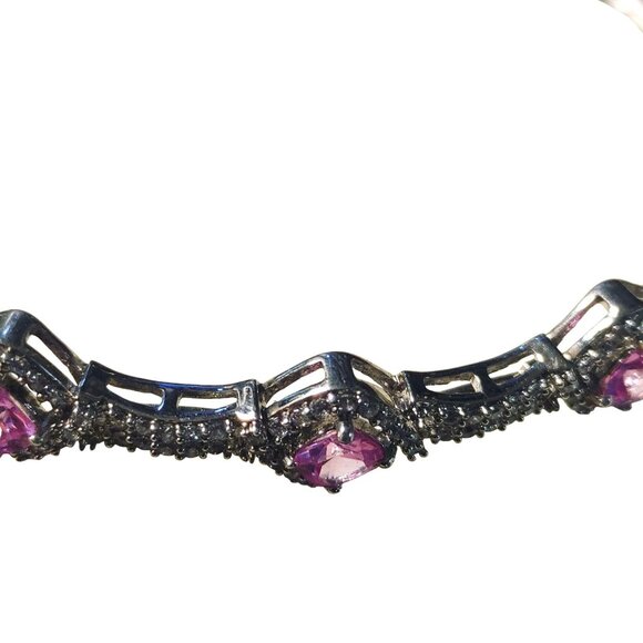 Pink Ruby Gemstone Bracelet Silver Plated Vintage Safety Hinged Prong Rhinestone - Picture 3 of 11